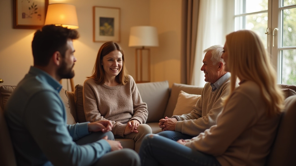 Family members having an open, respectful conversation at home, sitting together comfortably in a living room with warm lighting