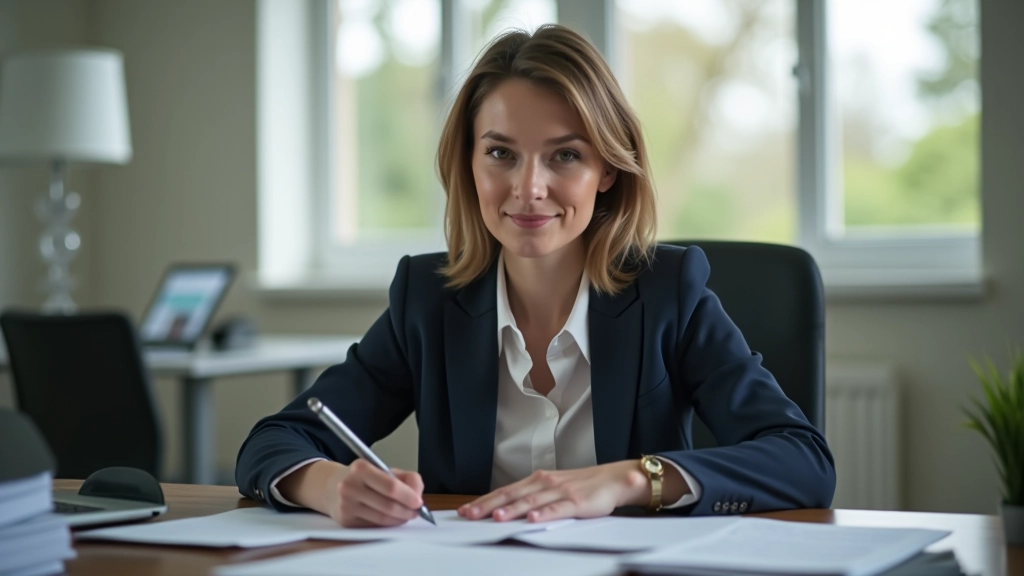 Professional in business attire at desk with laptop and documents, focused work setting, office environment