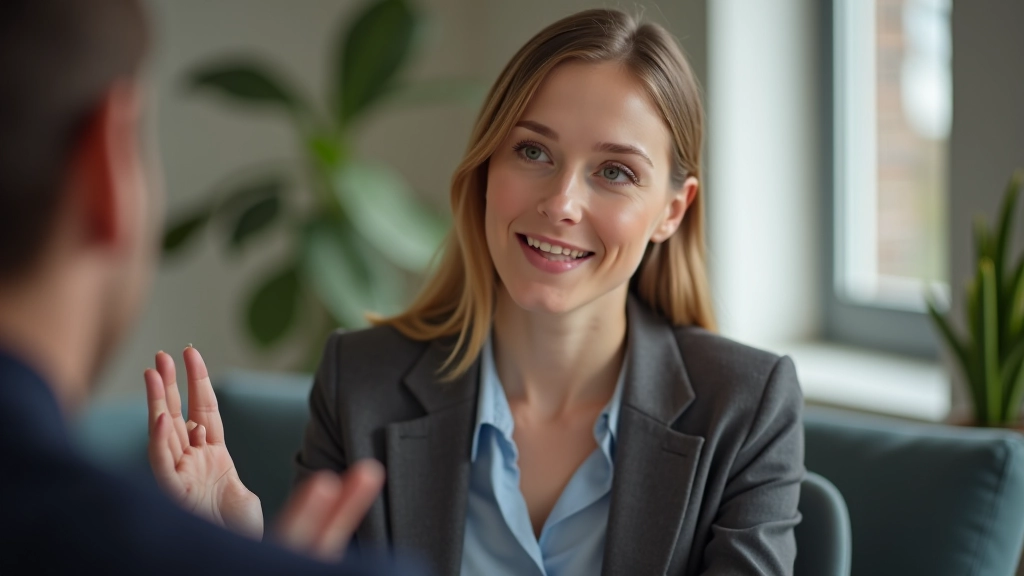 Person mid-conversation with composed expression, hand raised slightly in assertive gesture, indoor professional setting