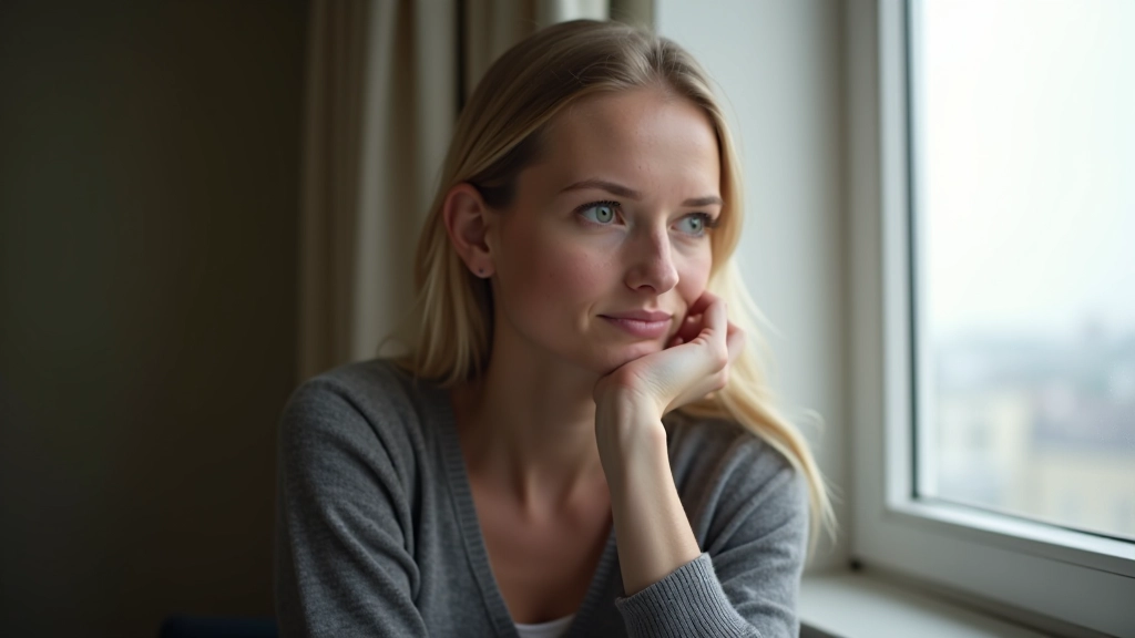 Person sitting quietly with thoughtful expression, hand on chin, looking contemplative in natural window light, indoor setting