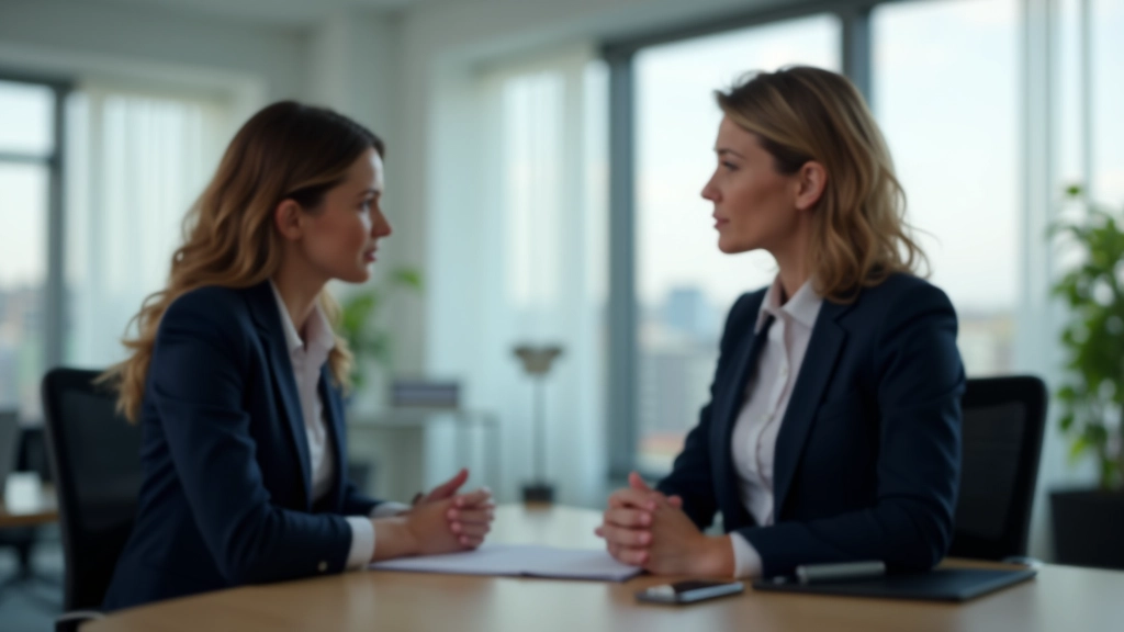 Two colleagues in conversation at office desk discussing workload and expectations in professional manner