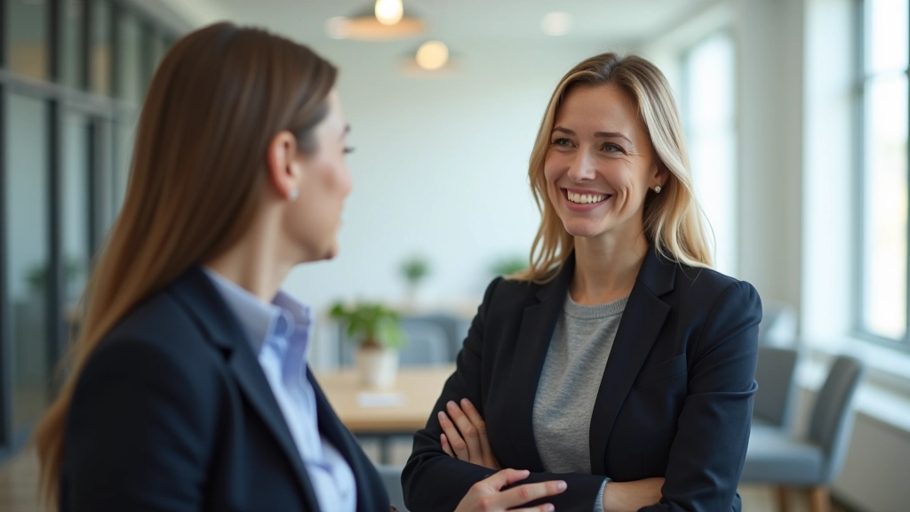 Professional setting showing two people in respectful workplace conversation with clear communication