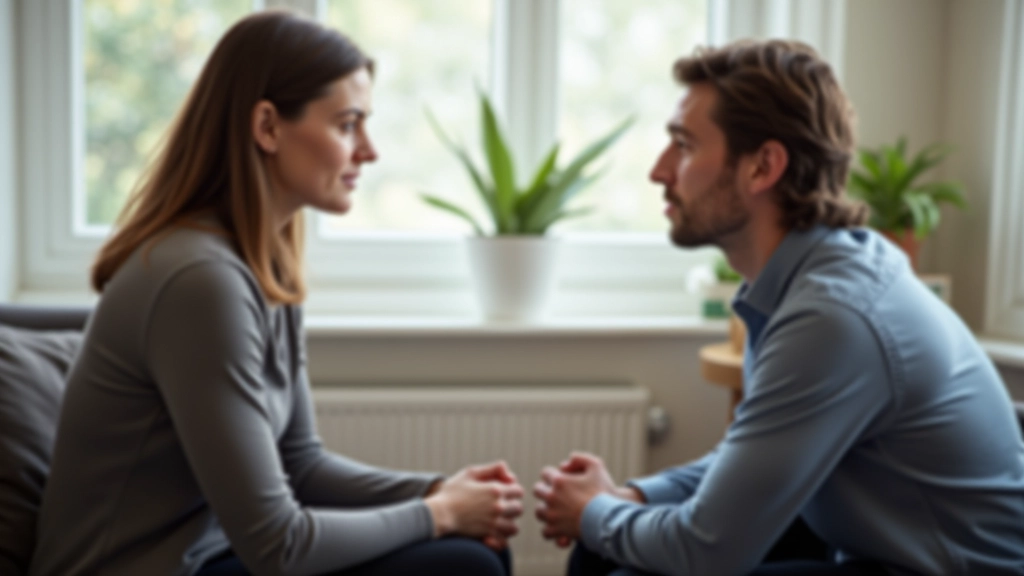 Two people facing each other having a calm discussion, seated comfortably with open body language and relaxed expressions