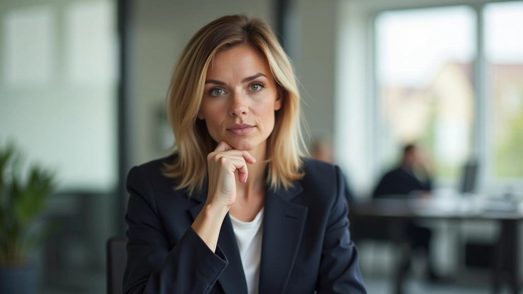Person in professional setting looking contemplative at desk, considering decision