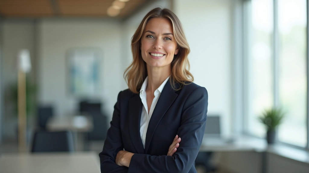Professional woman in modern office setting, assertive posture, confident expression, natural lighting